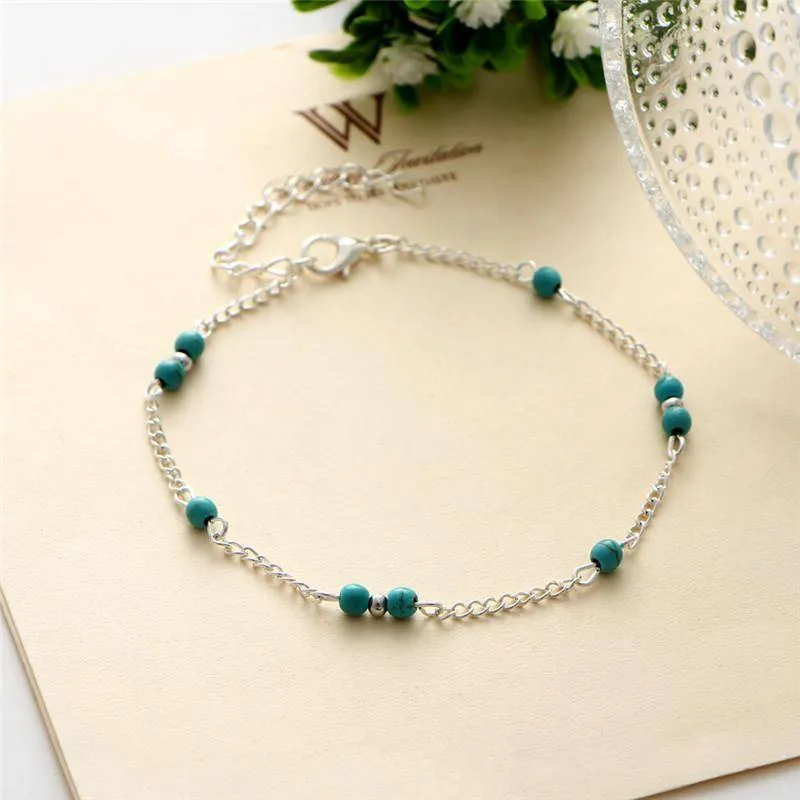 Petite Turquoise Beads Silver Anklet