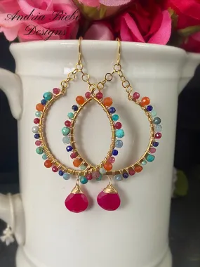 Pink chalcedony stone, ruby, turquoise, aquamarine, lapis lazuli, carnelian agate, gold metal hoop earrings, jewelry