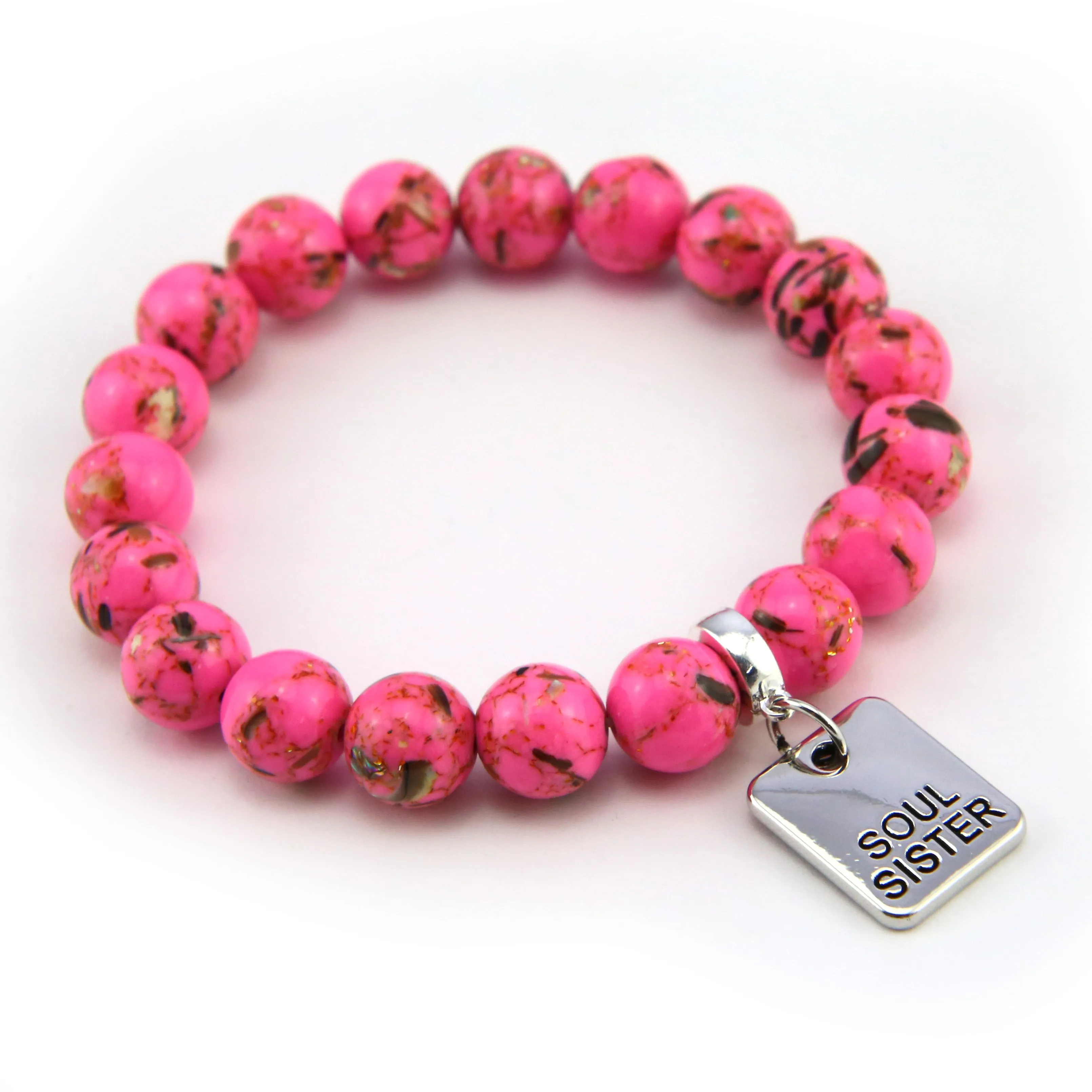 PINK COLLECTION - Hot Pink Synthesis 10mm Bead Bracelet  -  Silver Word Charms