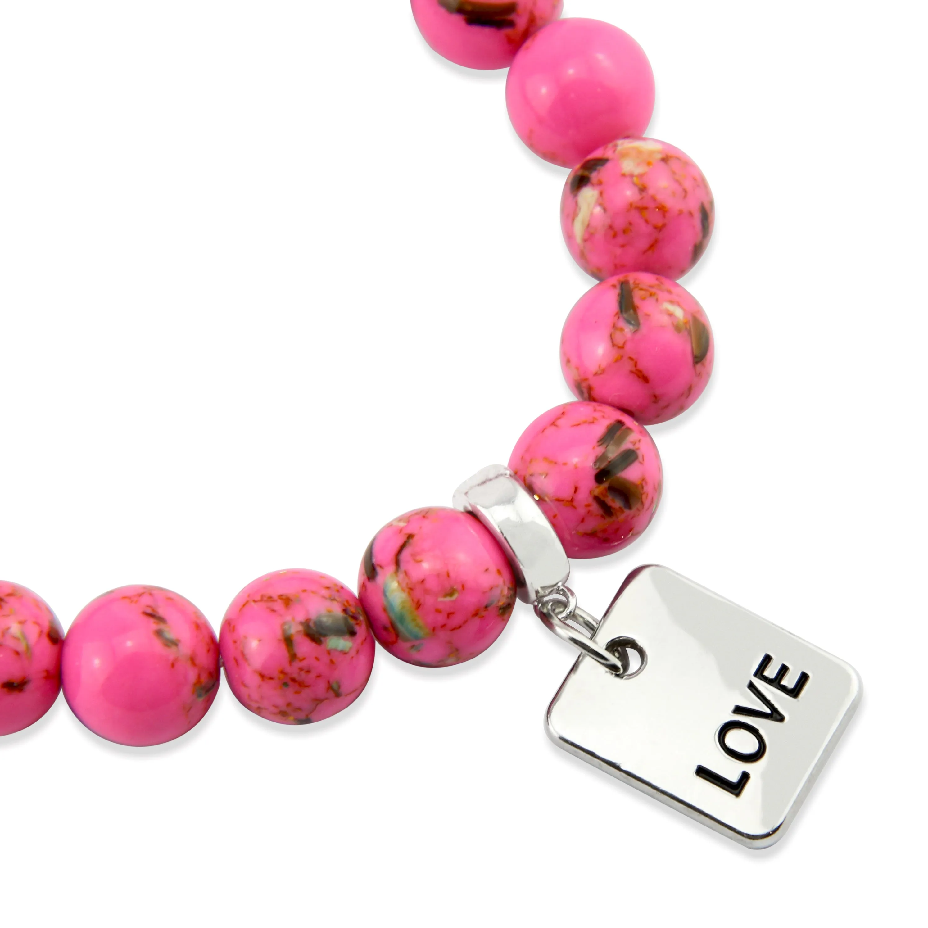 PINK COLLECTION - Hot Pink Synthesis 10mm Bead Bracelet  -  Silver Word Charms