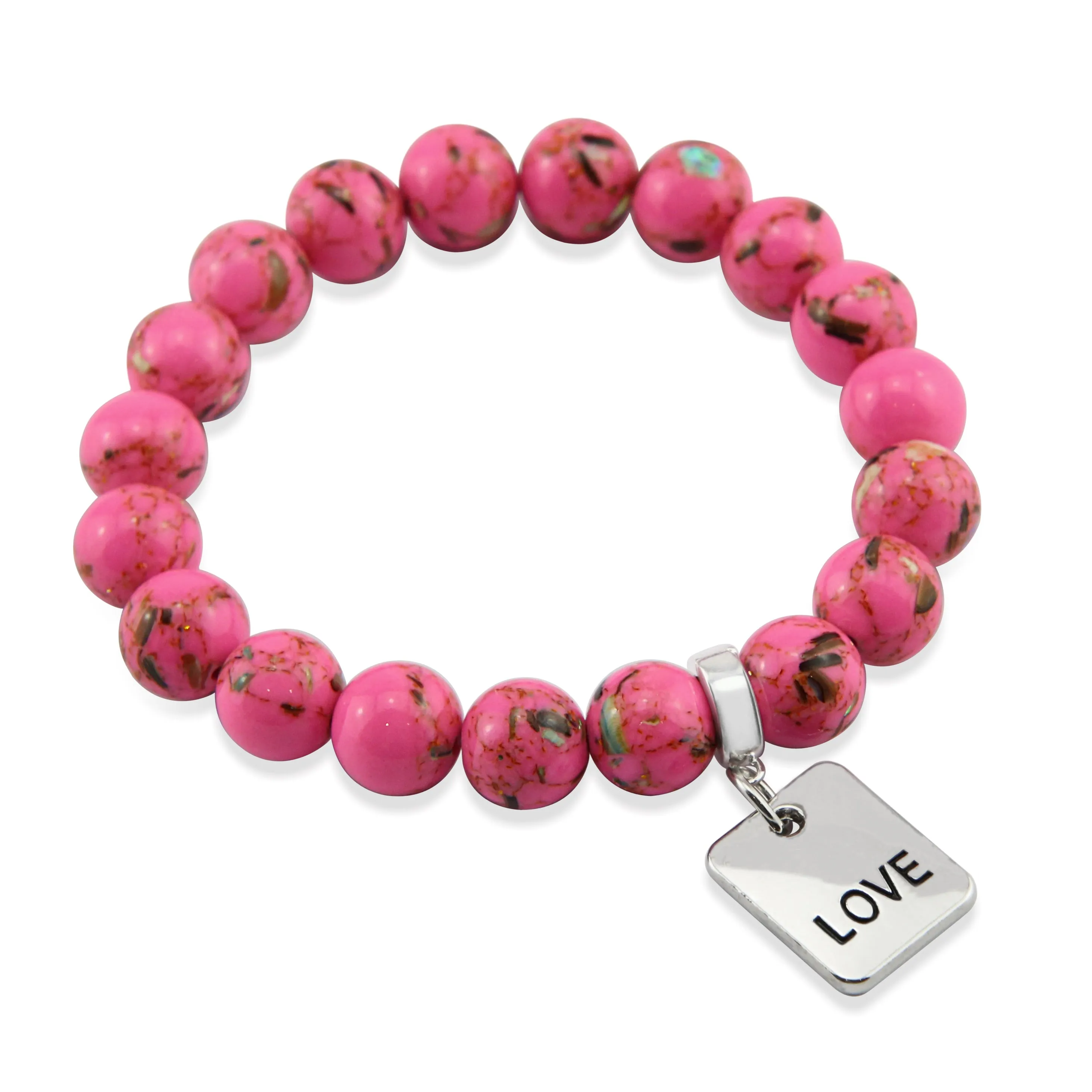 PINK COLLECTION - Hot Pink Synthesis 10mm Bead Bracelet  -  Silver Word Charms