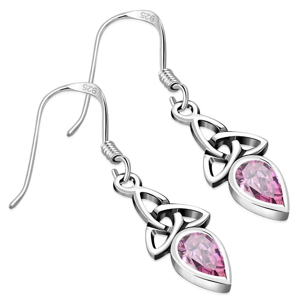 Pink CZ Celtic Trinity Silver Earrings