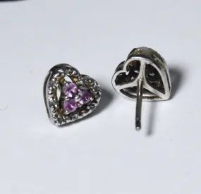 Pink Sapphire and Topaz Sterling Silver Heart Stud Earrings