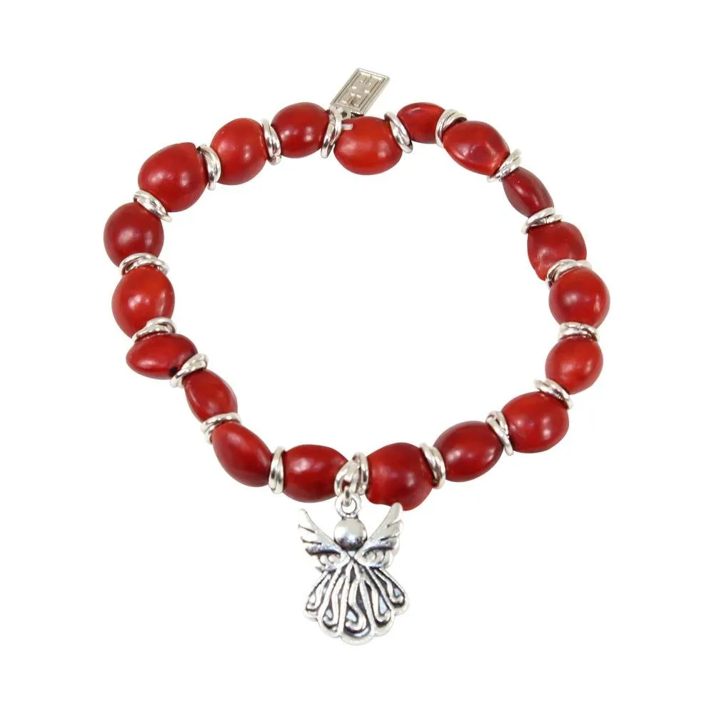 Protection Guardian Angel  Charm Stretchy Bracelet w/Meaningful Good Luck Huayruro Seeds