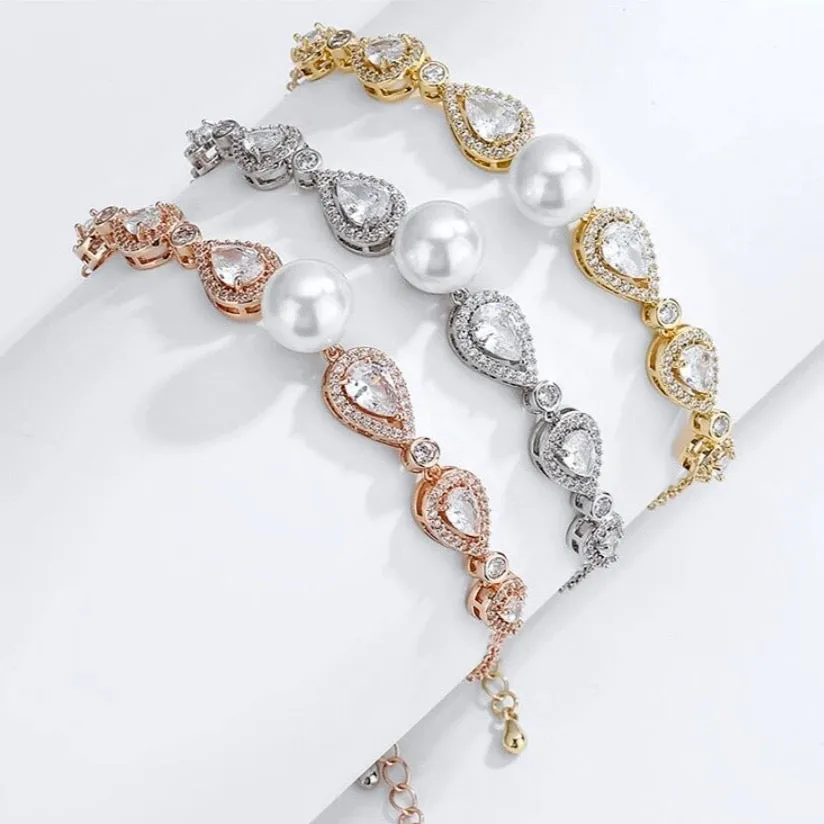 "Roslyn" - Pearl and Cubic Zirconia Bridal Bracelet - Available in Rose Gold, Silver and Yellow Gold