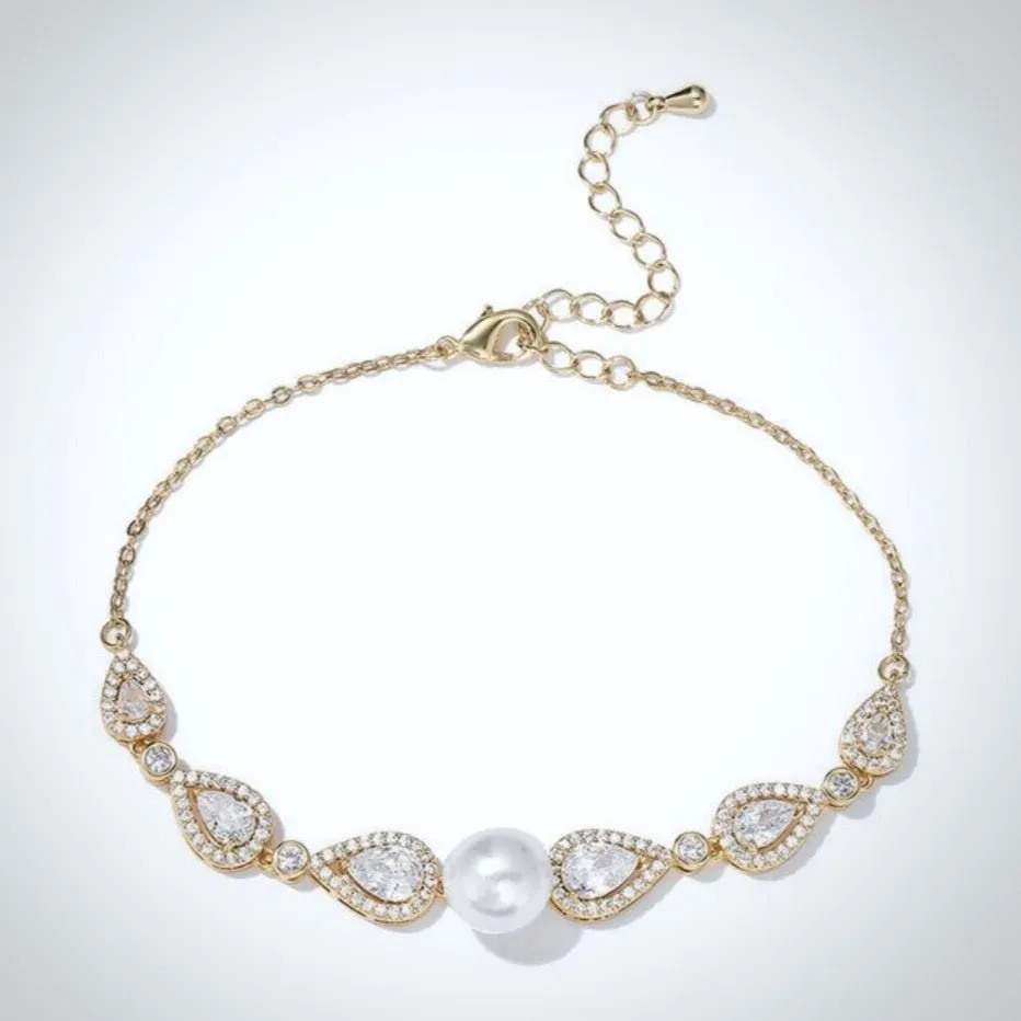 "Roslyn" - Pearl and Cubic Zirconia Bridal Bracelet - Available in Rose Gold, Silver and Yellow Gold