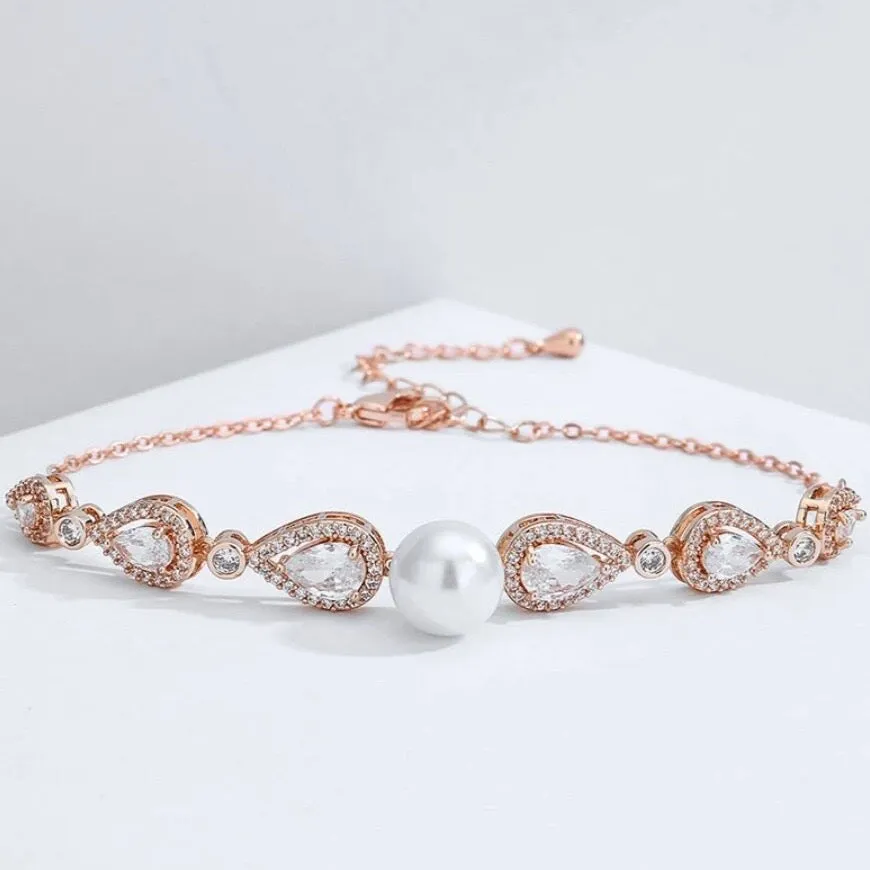 "Roslyn" - Pearl and Cubic Zirconia Bridal Bracelet - Available in Rose Gold, Silver and Yellow Gold