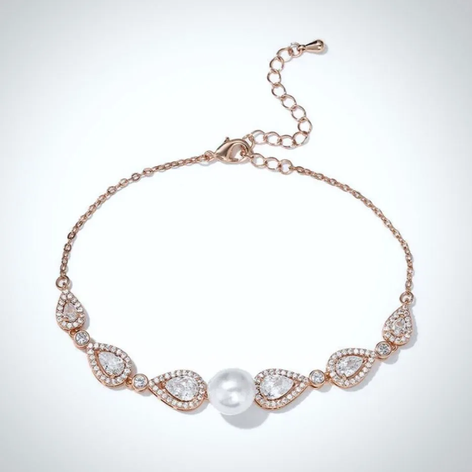 "Roslyn" - Pearl and Cubic Zirconia Bridal Bracelet - Available in Rose Gold, Silver and Yellow Gold