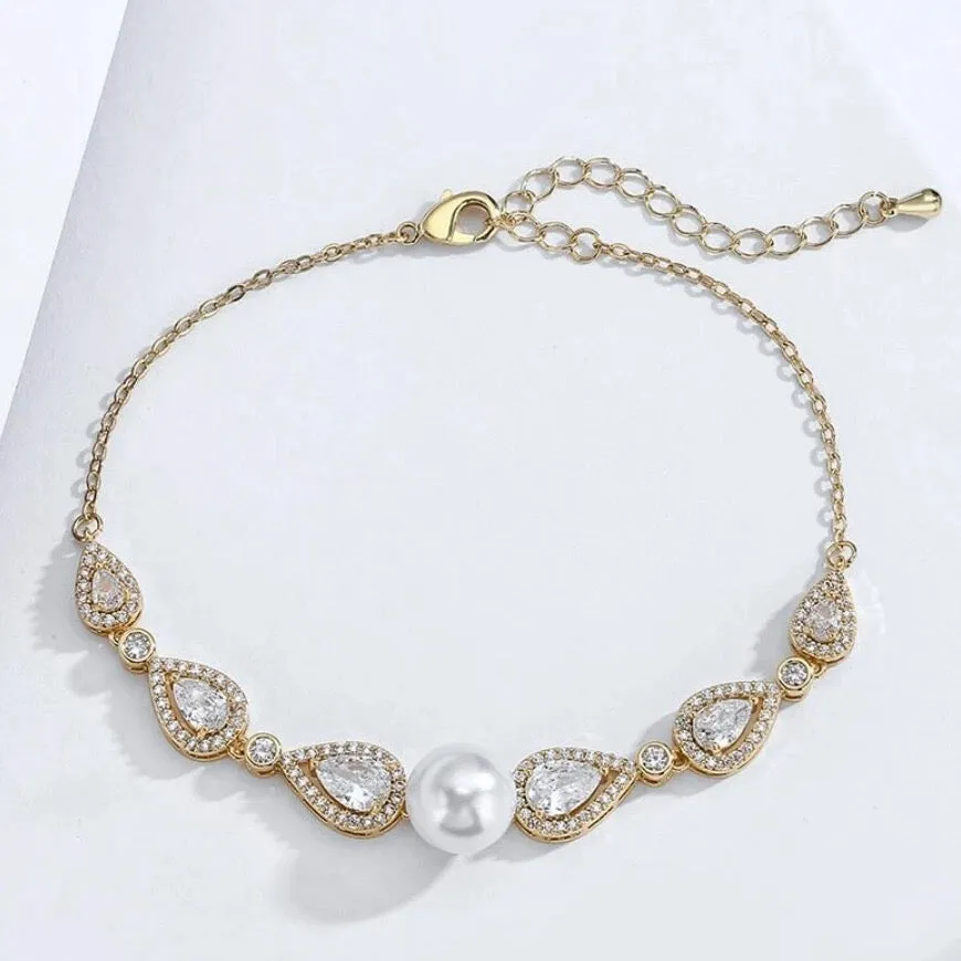 "Roslyn" - Pearl and Cubic Zirconia Bridal Bracelet - Available in Rose Gold, Silver and Yellow Gold