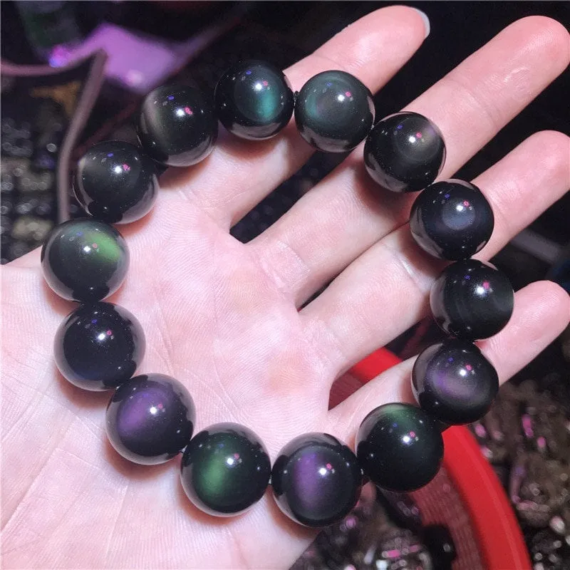 Rainbow Obsidian Bracelet Adjustable Bracelet Black Obsidian Mala Bracelet Friendship Negative Energy Protection From Evil Gift Ideas