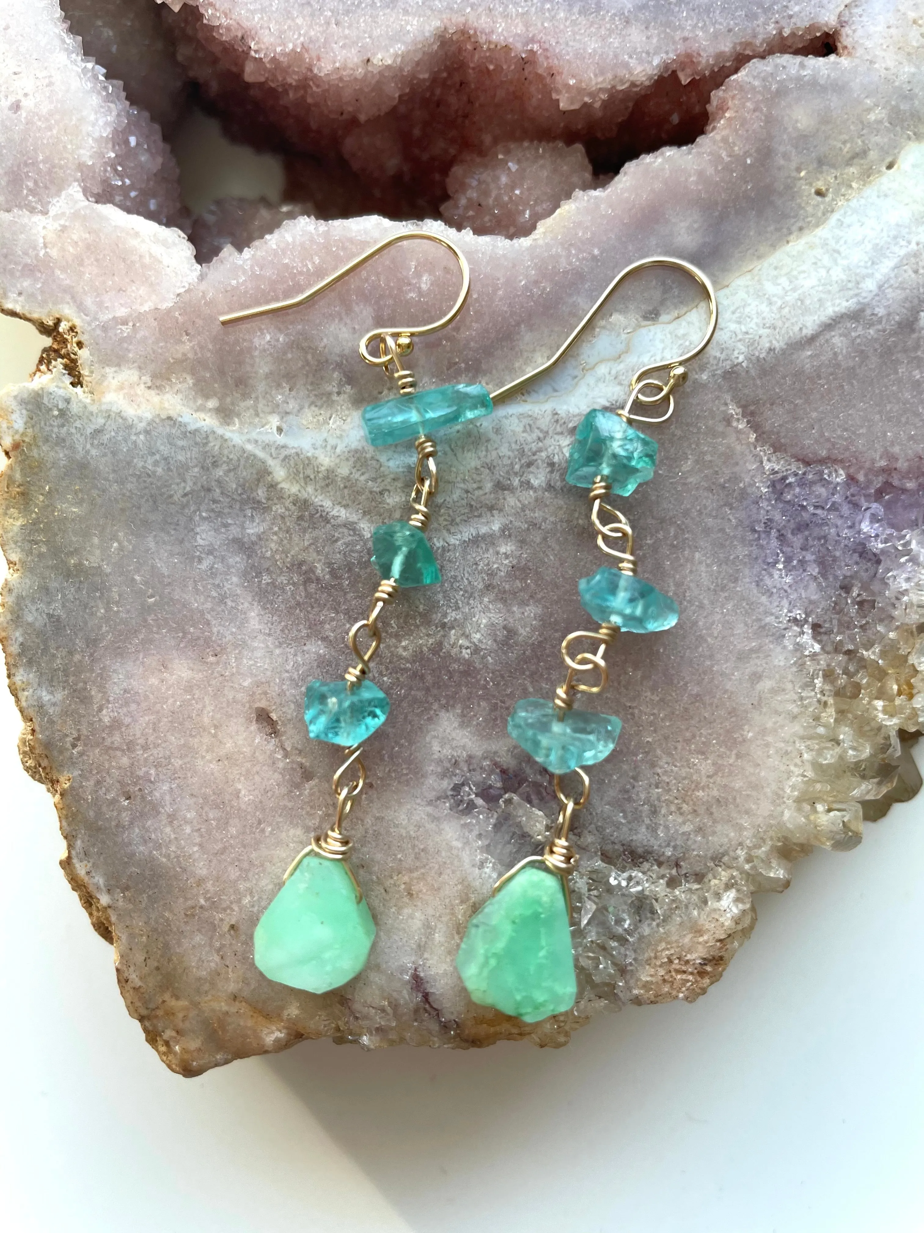 Raw Crystal Earrings - Apatite Chrysoprase Gold Filled