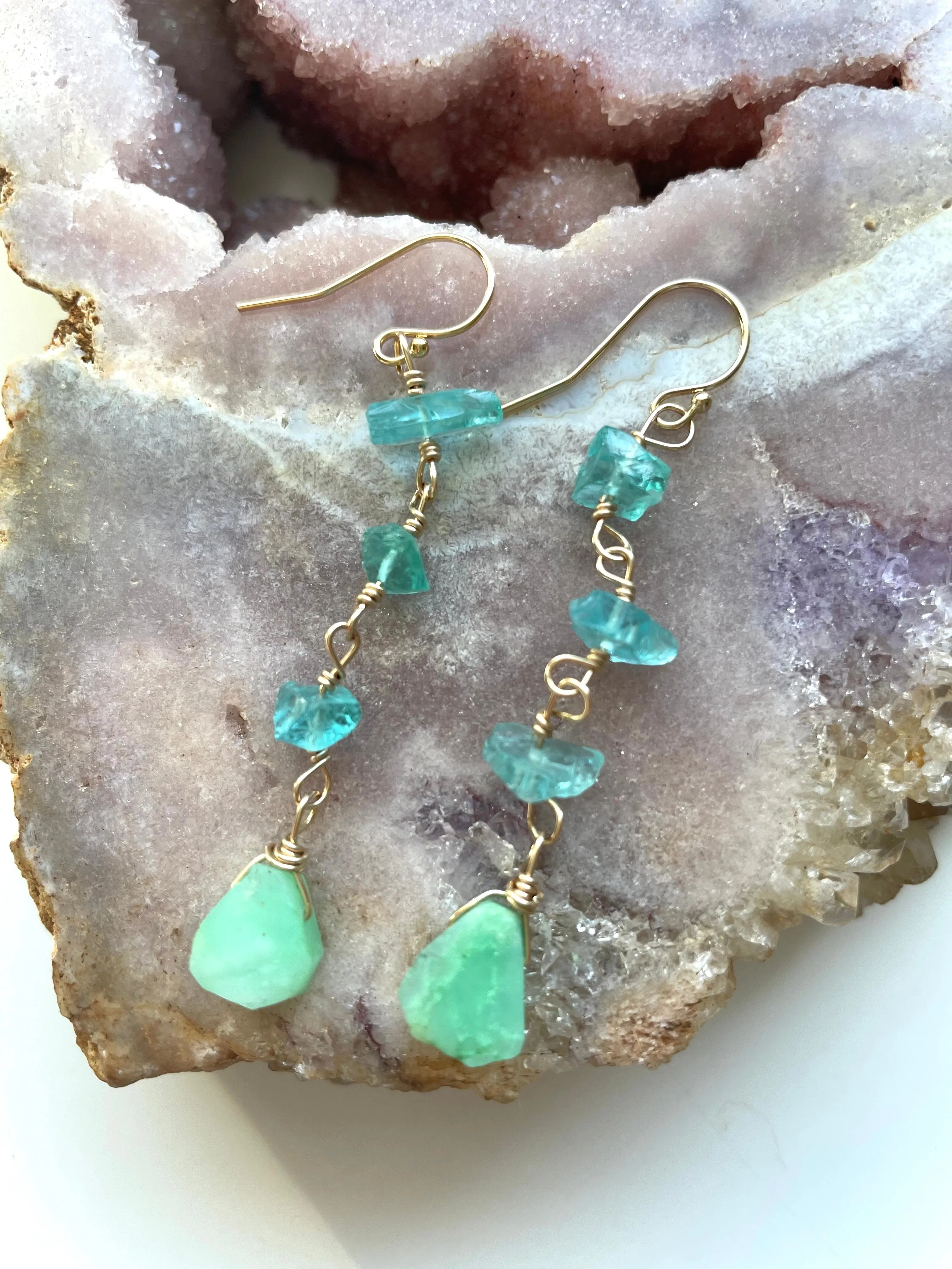 Raw Crystal Earrings - Apatite Chrysoprase Gold Filled