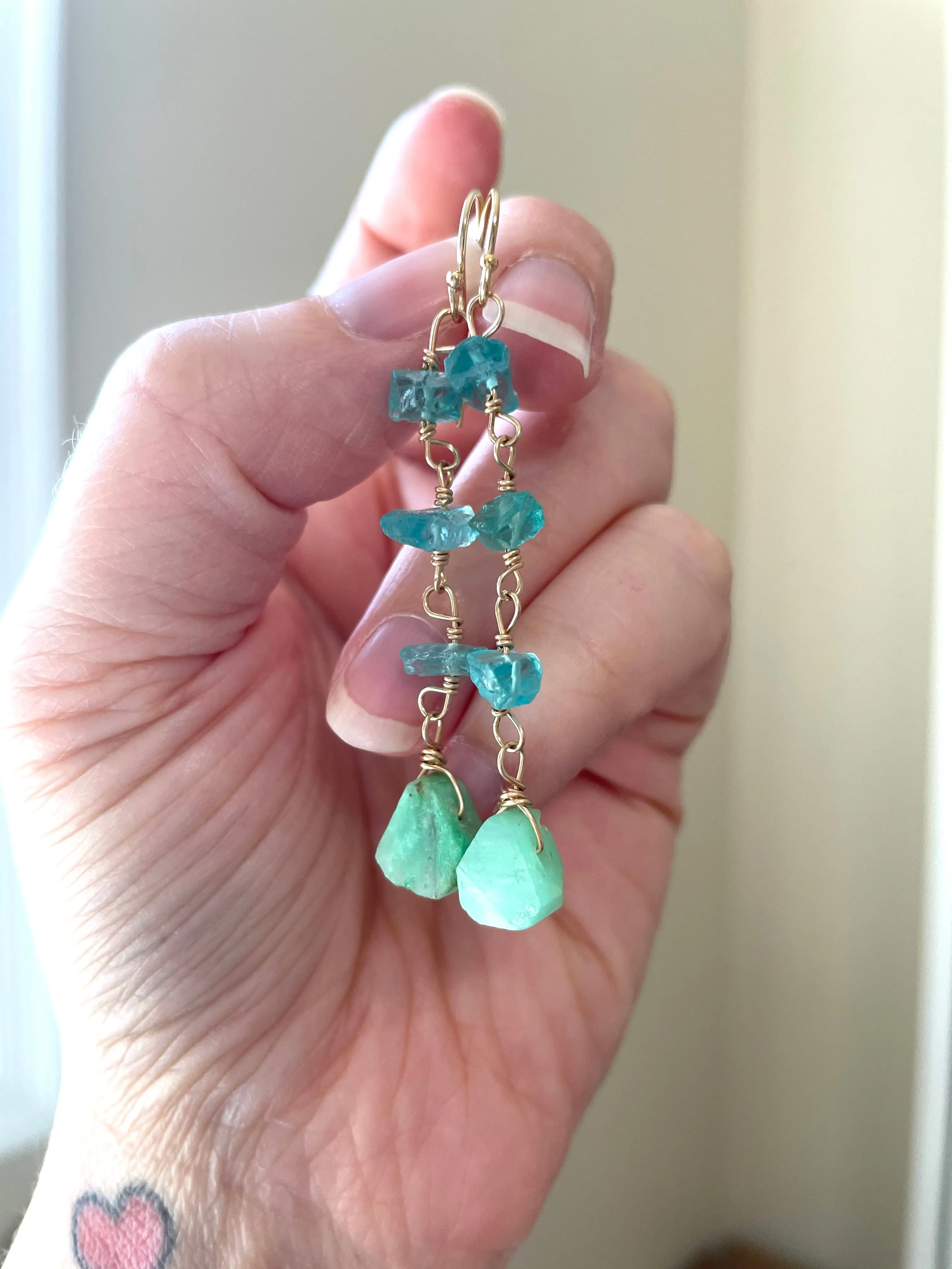 Raw Crystal Earrings - Apatite Chrysoprase Gold Filled