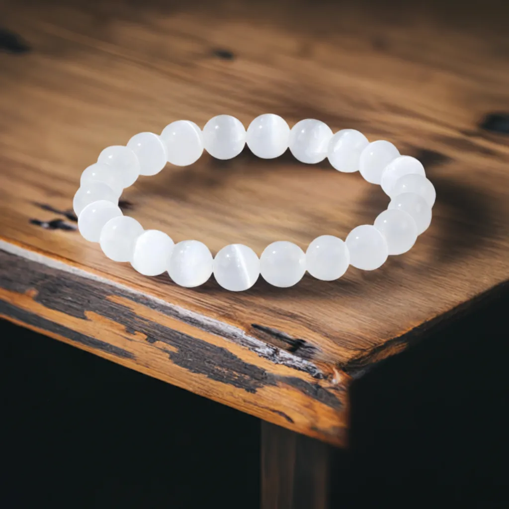 Real White Cat’s Eye Beaded Elastic Bracelet – Healing Crystal Jewelry for Men & Women