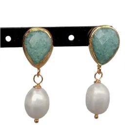 Rice Pearl & Amazonite Gemstone Stud Dangle Earrings 1.5”