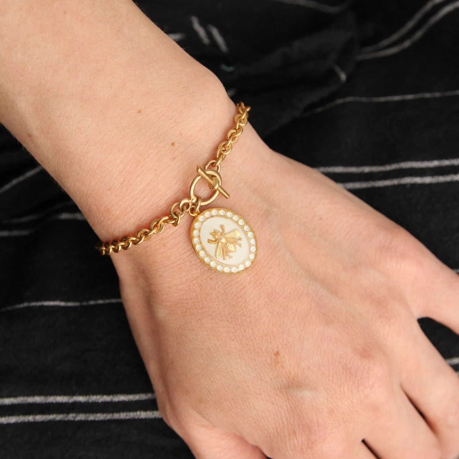 Rolo Link Chain Bracelet with Enamel &  Crystal Bee Charm