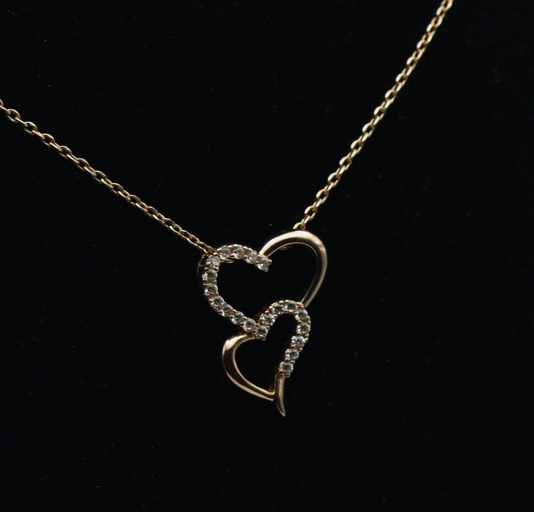 Rose Gold Tone Double Heart Rhinestones Pendant on Rose Gold Tone Chain Necklace