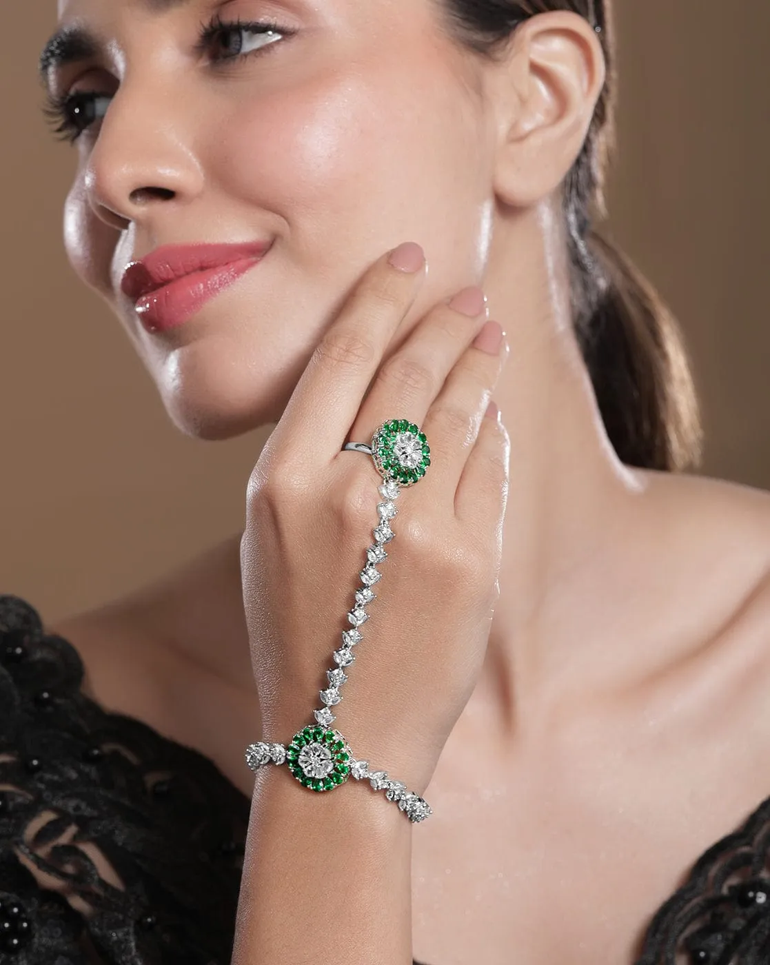 Rubans Rhodium-Plated Emerald & Cubic Zirconia Hand Harness Ring Bracelet