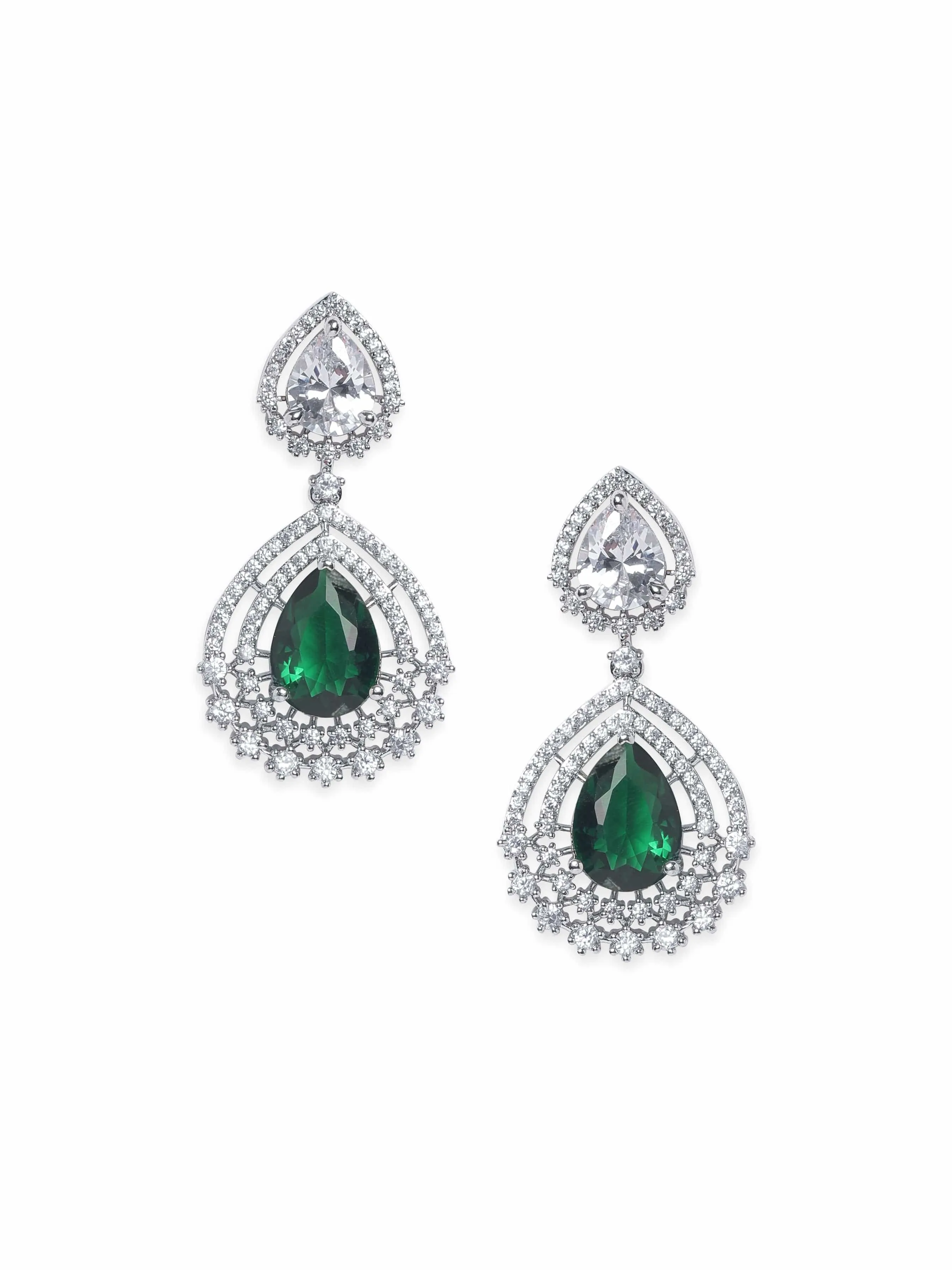 Rubans Rhodium plated Sapphire Green Zirconia Tear drop Chic Earring