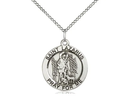 Saint Lazarus Silver Medal With 18 Inch Silver Curb Chain Religious