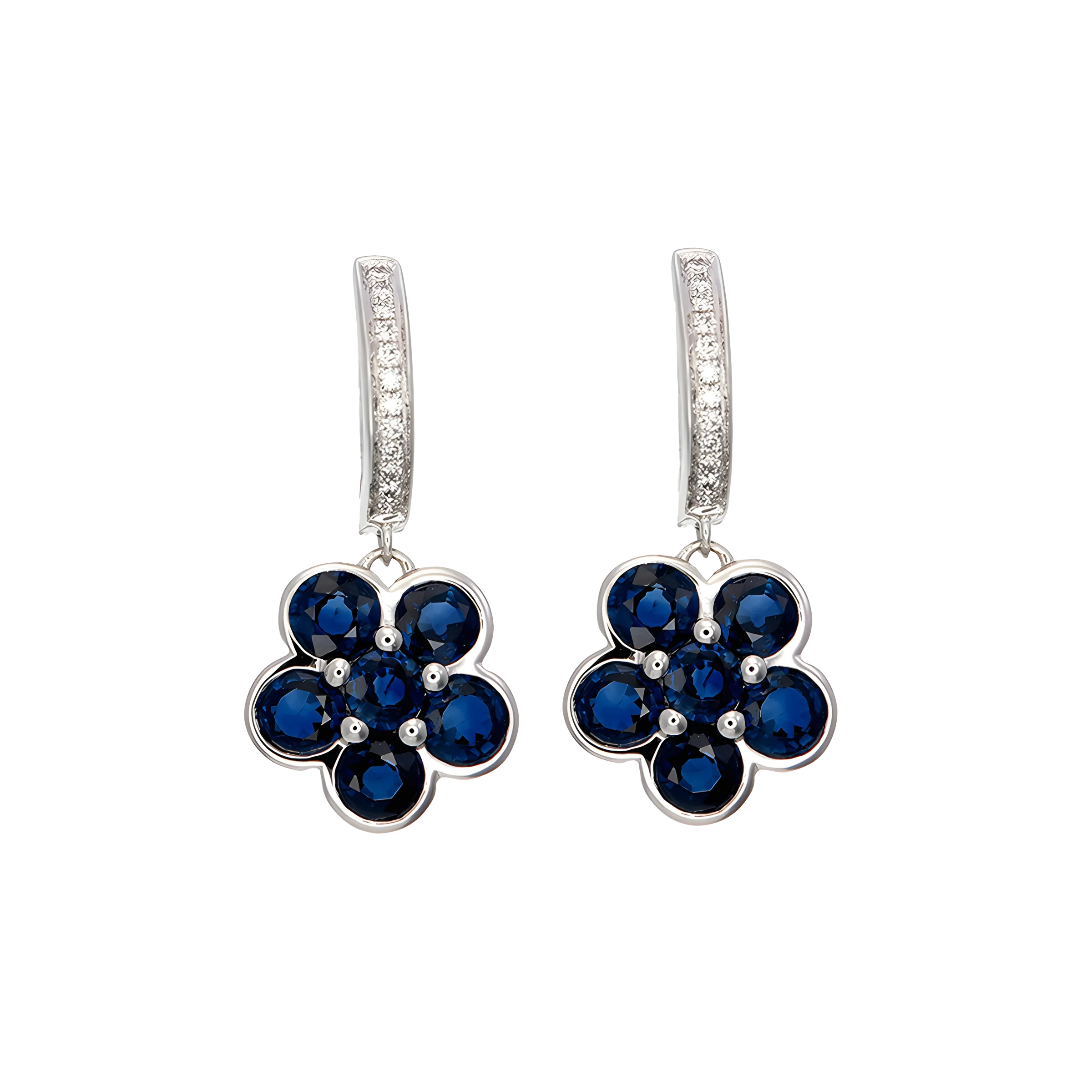 Sapphire and Diamond Floral Cluster Drop Earrings in 18k White Gold