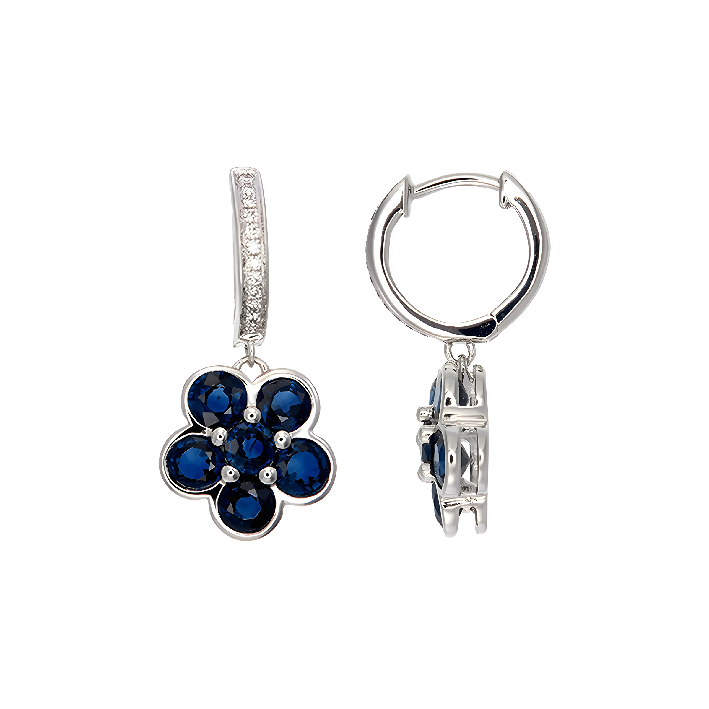 Sapphire and Diamond Floral Cluster Drop Earrings in 18k White Gold