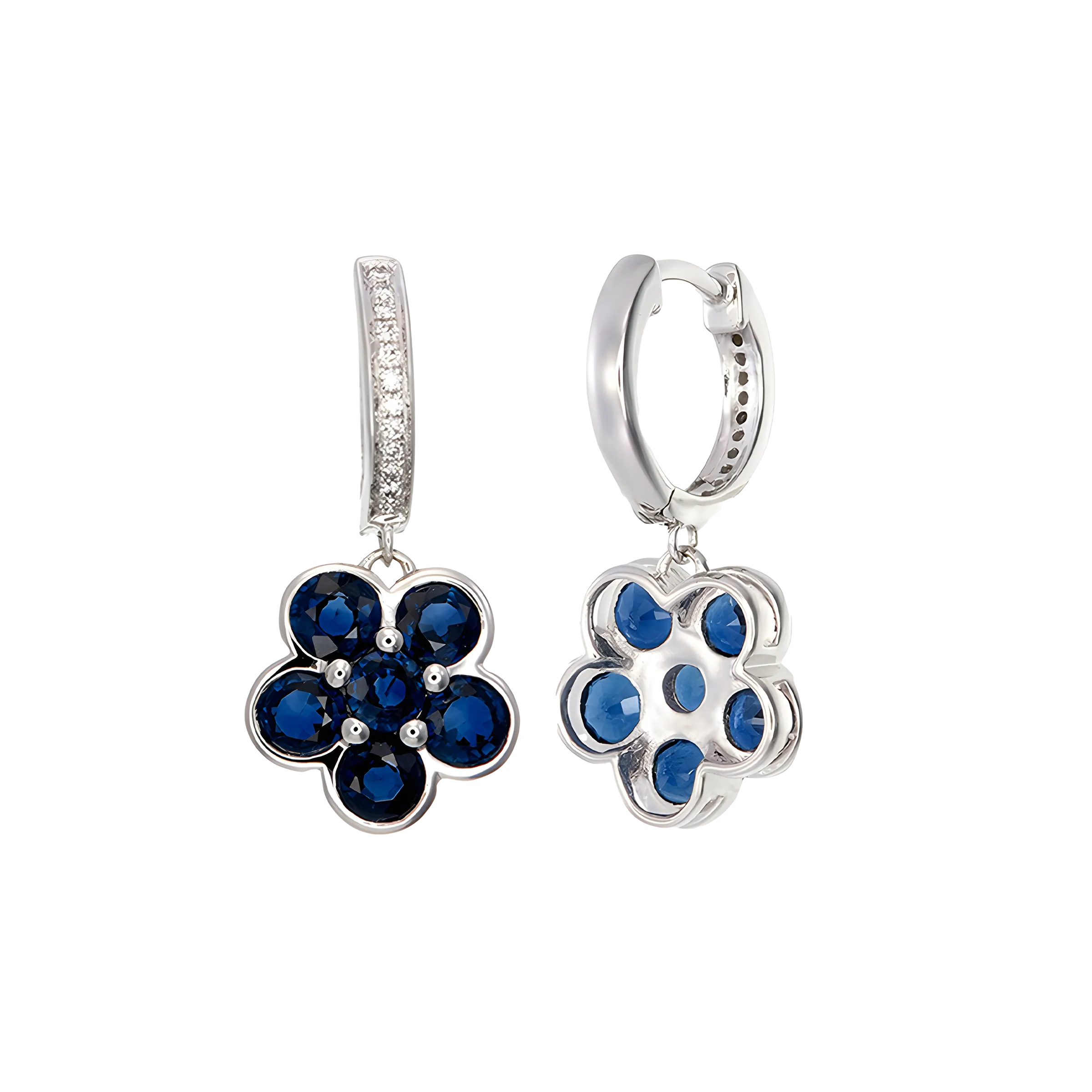 Sapphire and Diamond Floral Cluster Drop Earrings in 18k White Gold