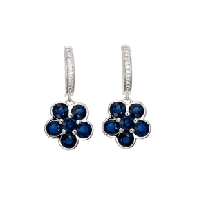 Sapphire and Diamond Floral Cluster Drop Earrings in 18k White Gold