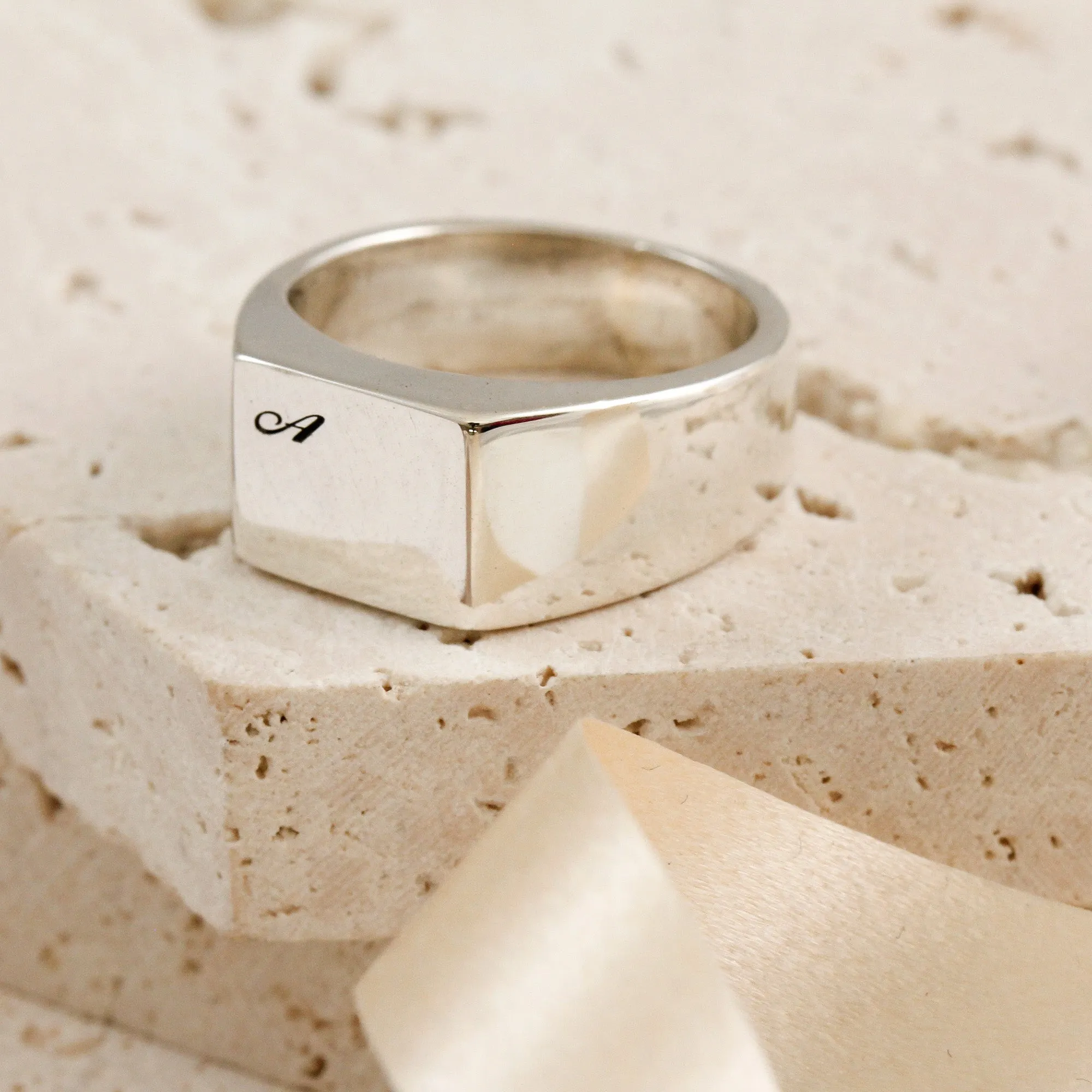 Script Initials Personalised Square Silver Signet Ring