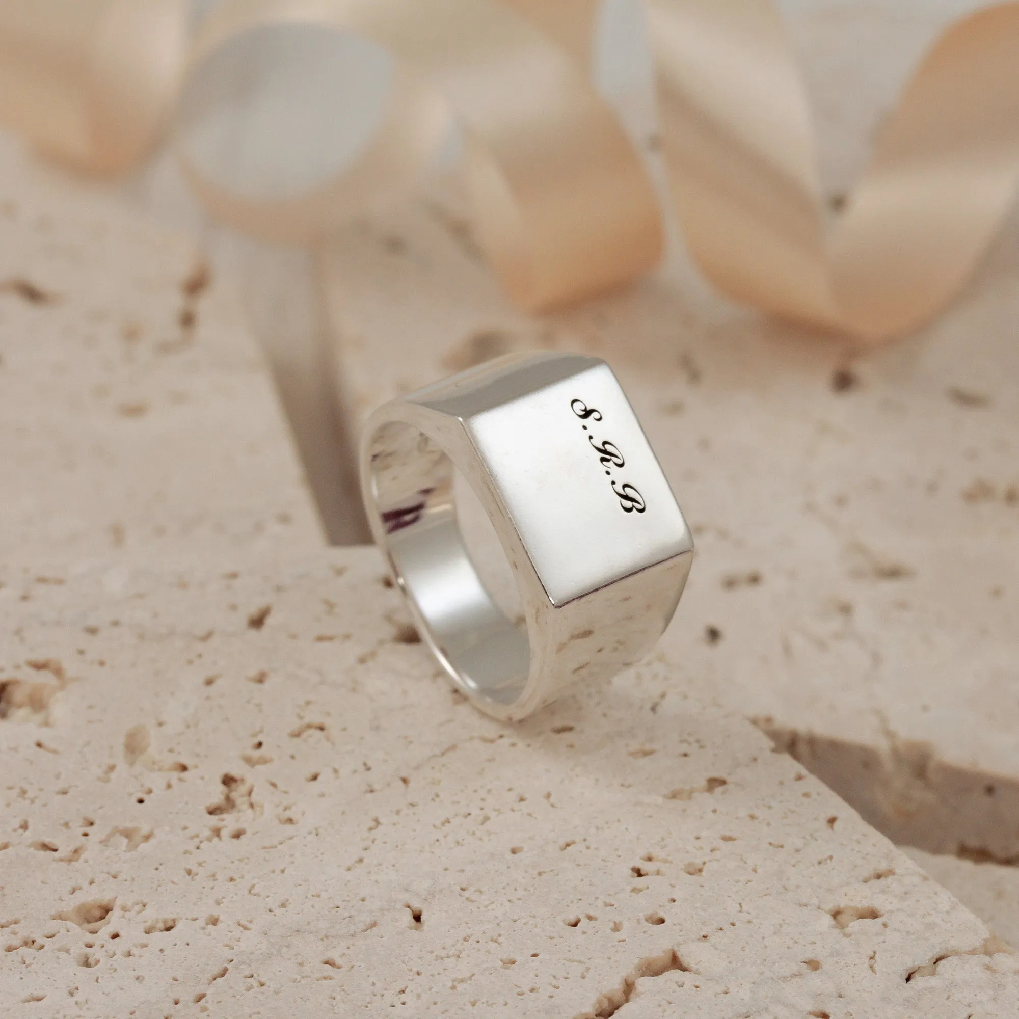 Script Initials Personalised Square Silver Signet Ring