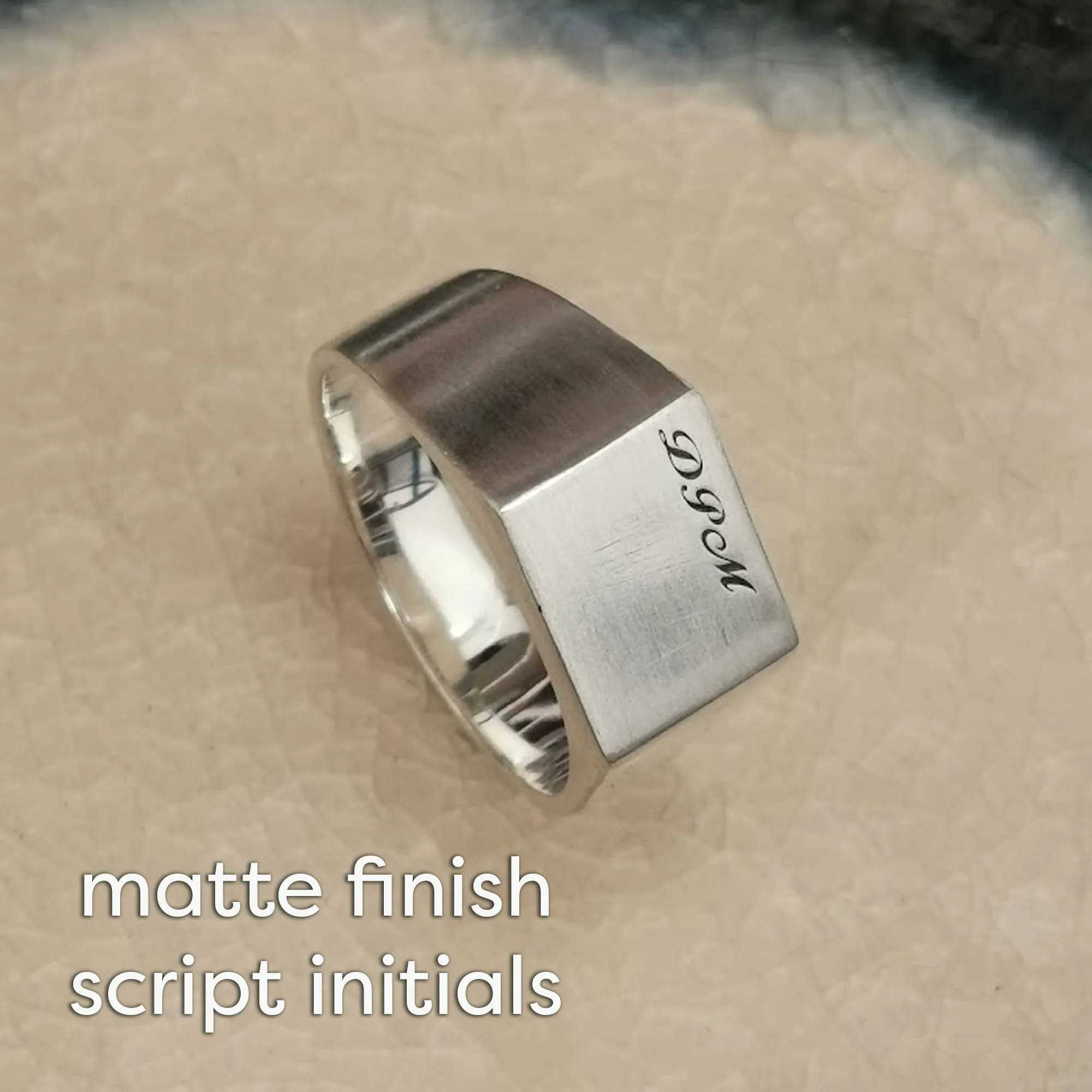 Script Initials Personalised Square Silver Signet Ring