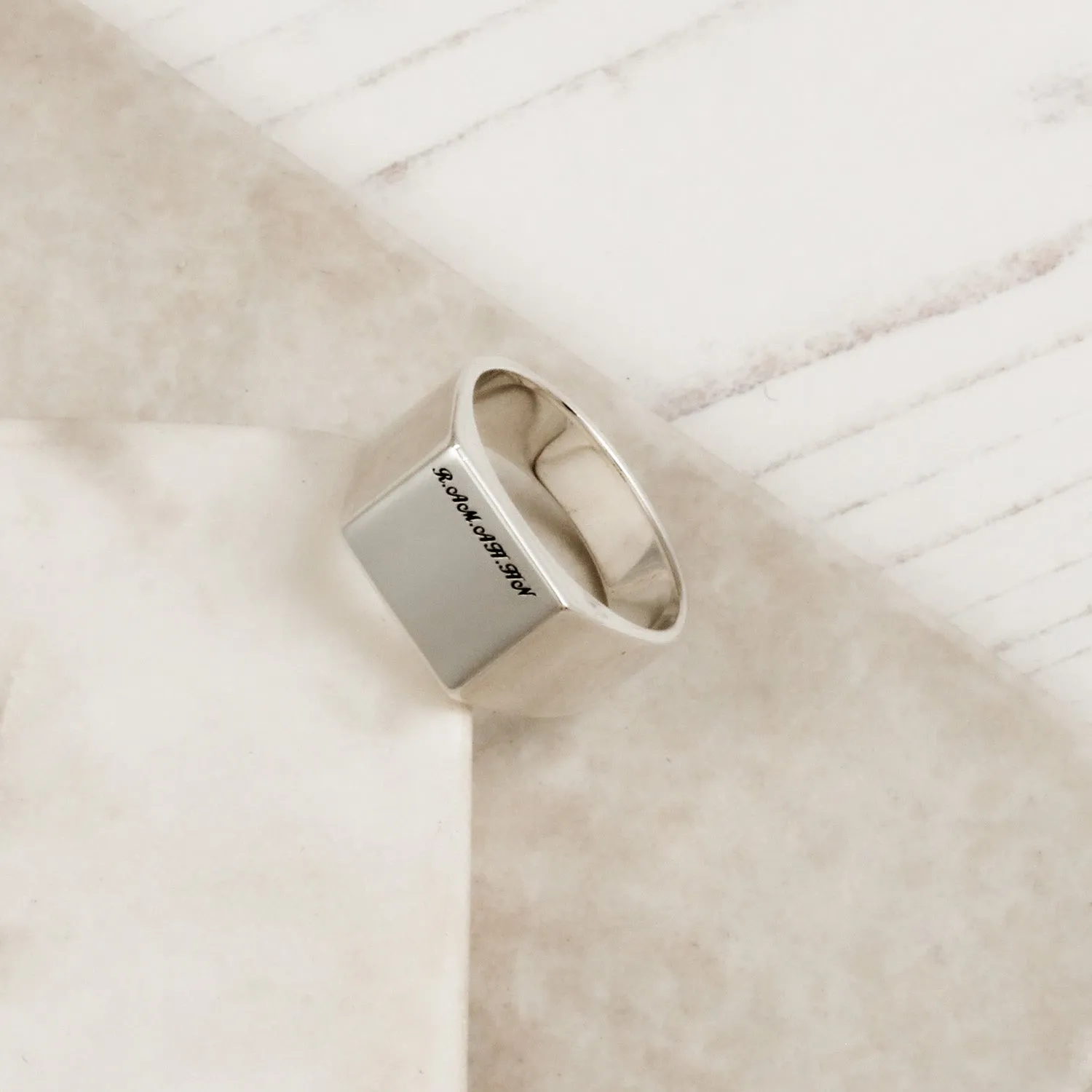 Script Initials Personalised Square Silver Signet Ring