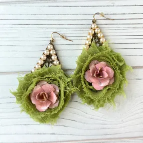 Shabby Chic Rosette Drop Statement Earrings in Moss