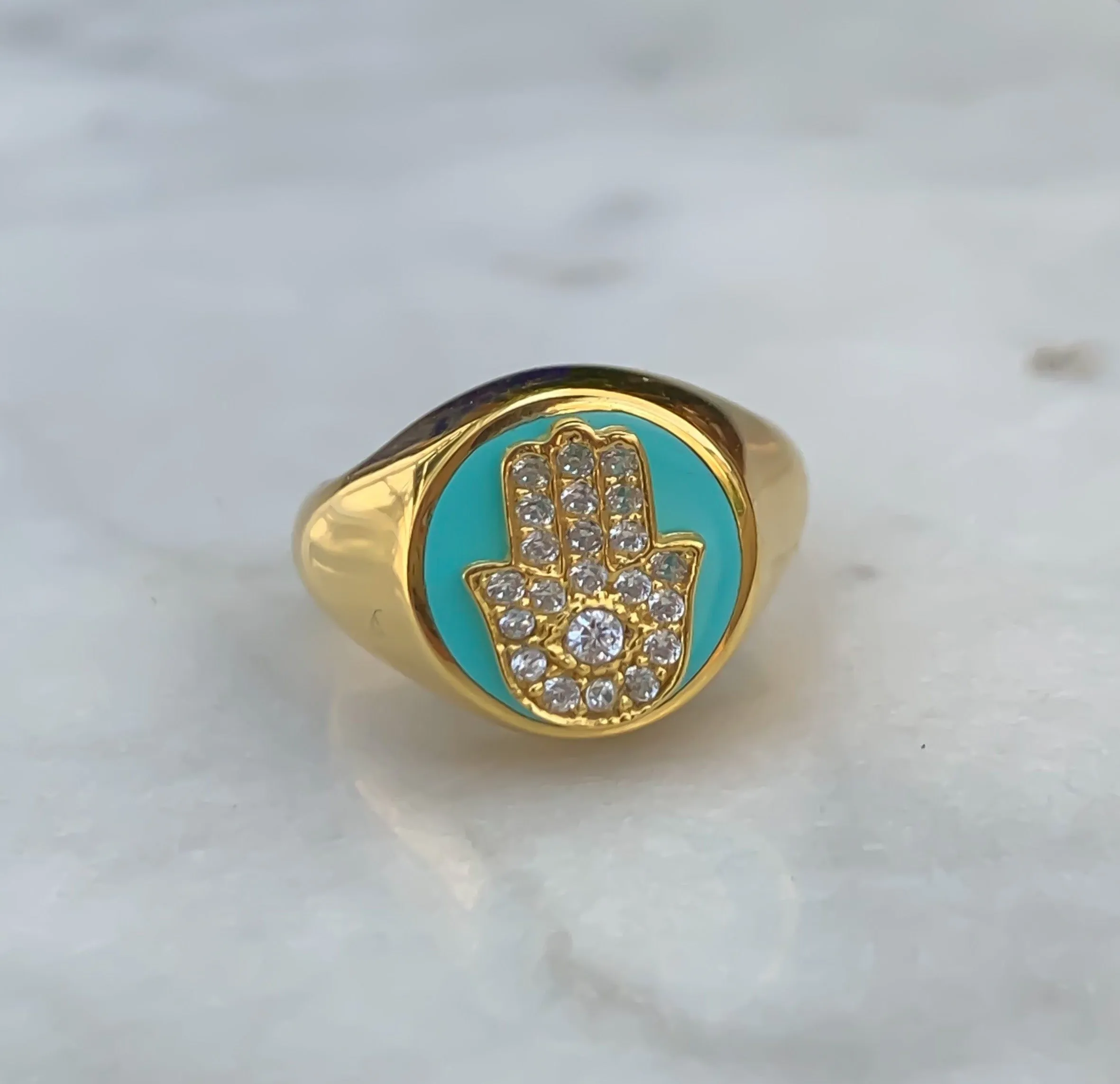 Silver 18k gold plated aqua enamel signet hamsa ring