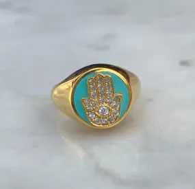 Silver 18k gold plated aqua enamel signet hamsa ring