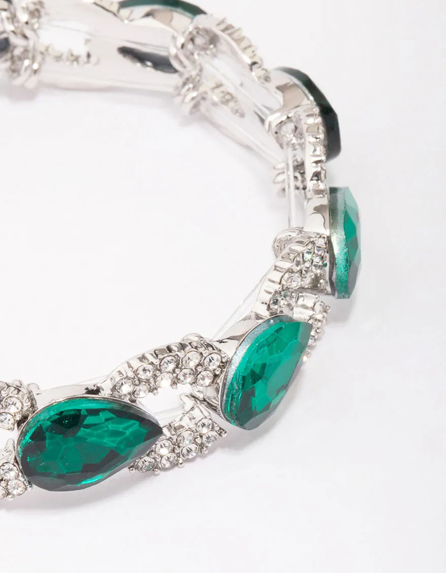 Silver Emerald Diamante Stretch Bracelet