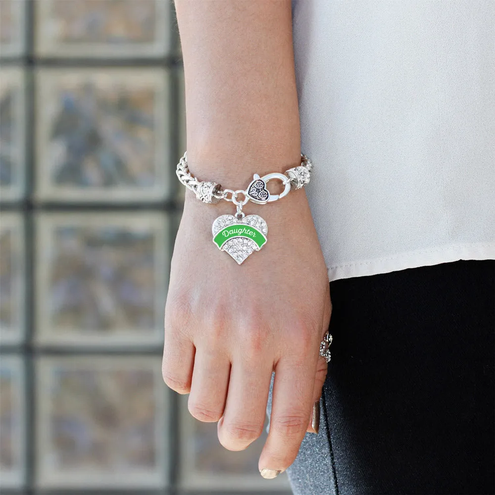 Silver Emerald Green Daughter Pave Heart Charm Braided Bracelet