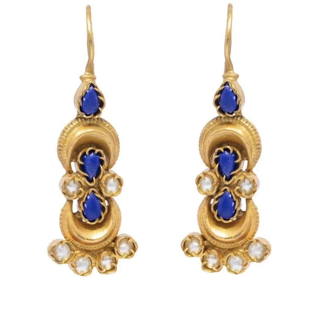 Silver Gold Plated Lapis and Pearl Earrings