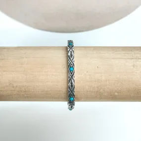 Silver Tone Aztec Engraved Bracelet with Small Faux Turquoise Stones