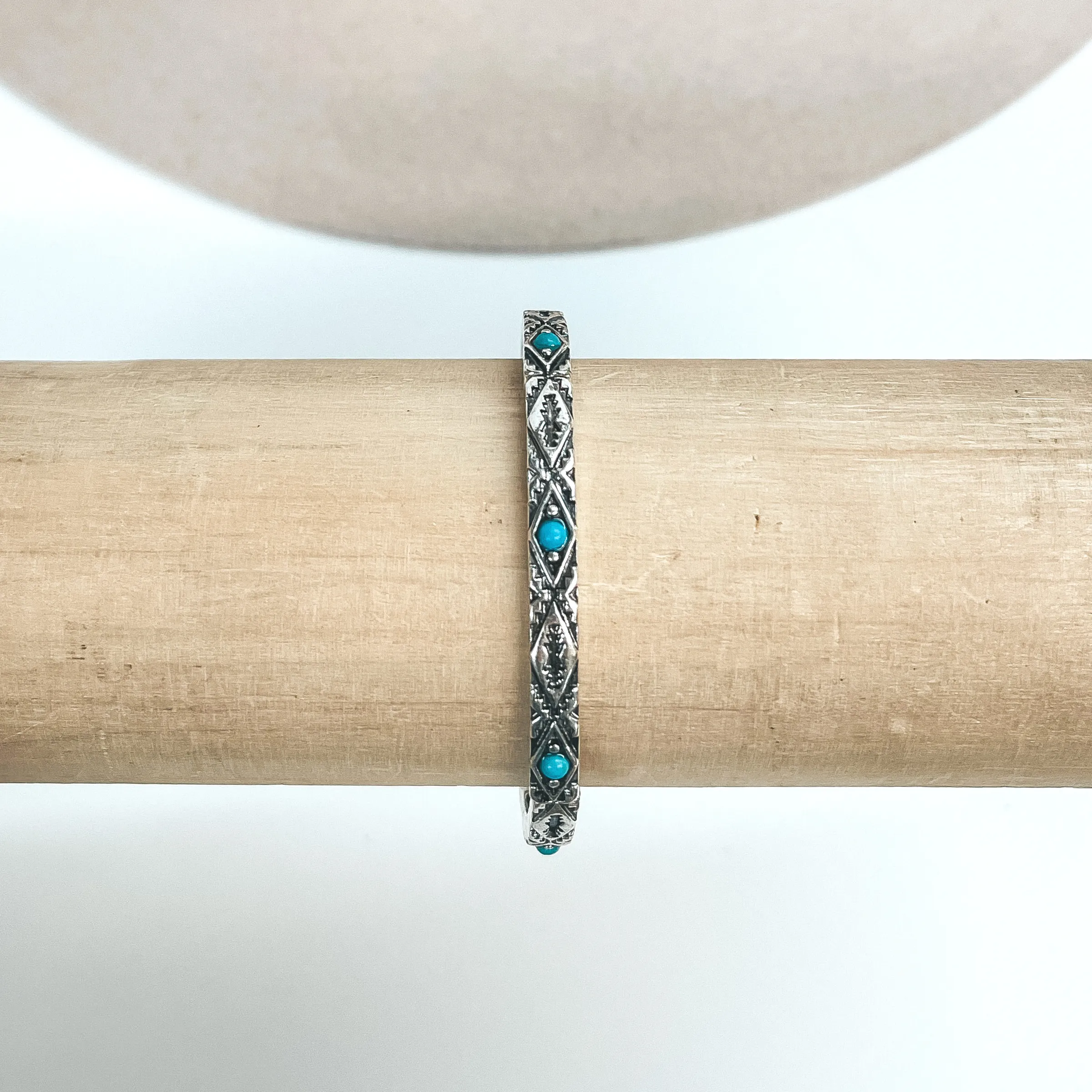 Silver Tone Aztec Engraved Bracelet with Small Faux Turquoise Stones