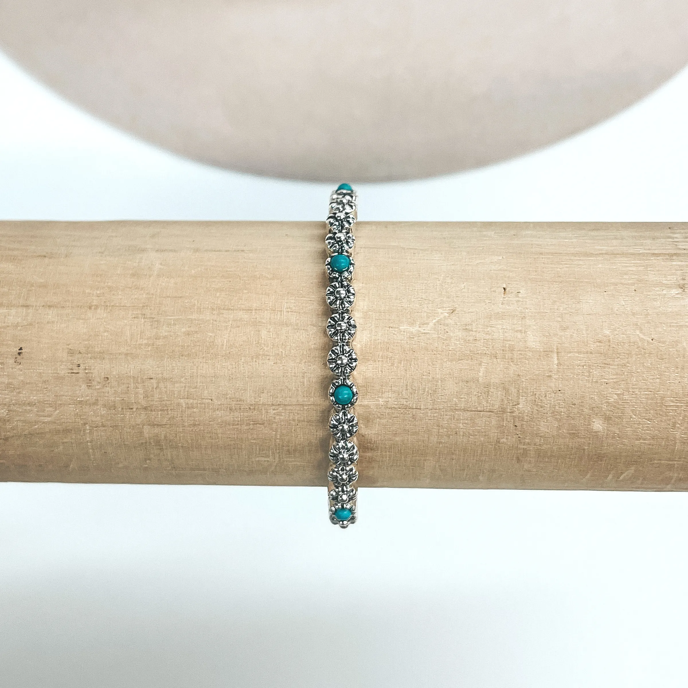 Silver Tone Flower Concho Bracelet with Small Faux Turquoise Stones