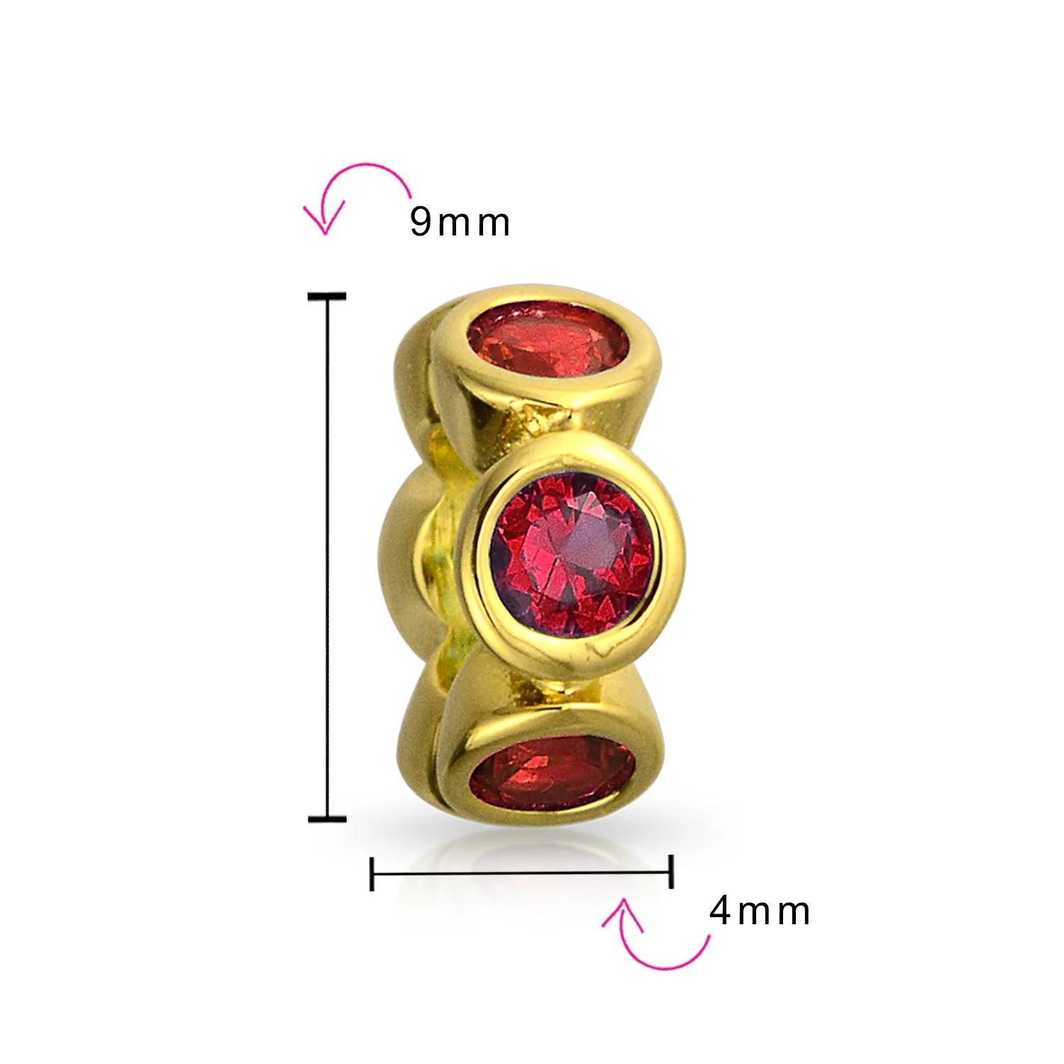 Simulated Emerald or Ruby CZ Charm Bead 14K Gold Plated Sterling Silver Spacer