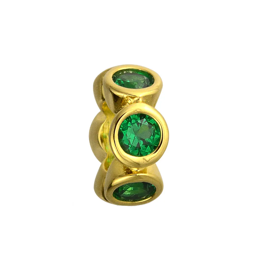 Simulated Emerald or Ruby CZ Charm Bead 14K Gold Plated Sterling Silver Spacer