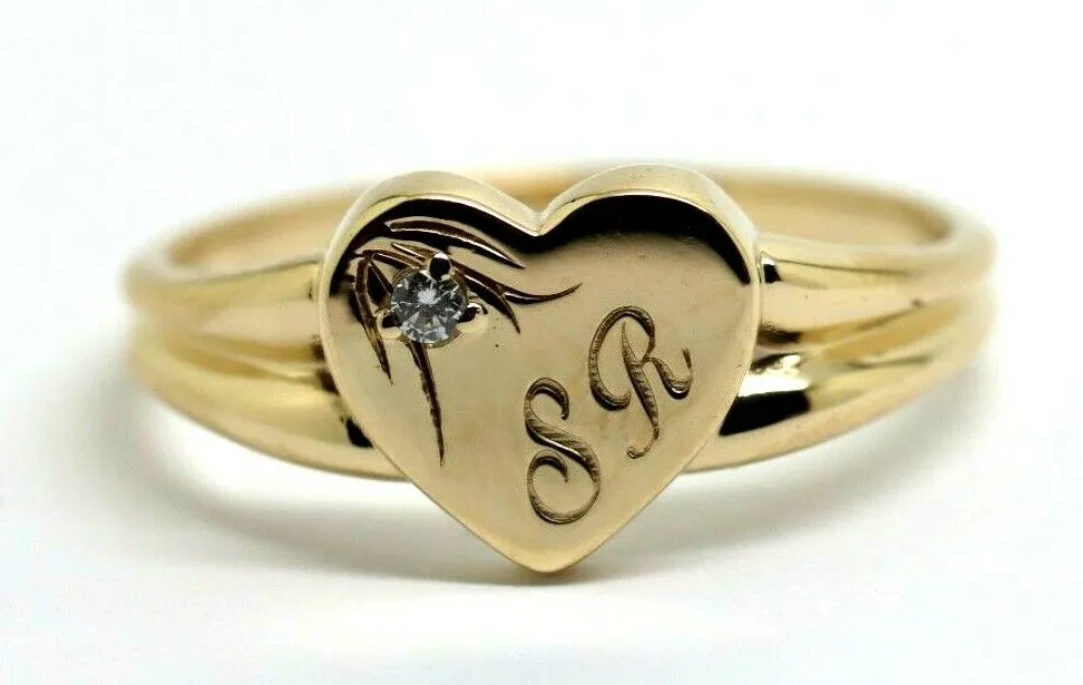 Size X 9ct Yellow, Rose or White Gold Heart Signet Ring 11mm heart   Engraving   Cubic zirconia