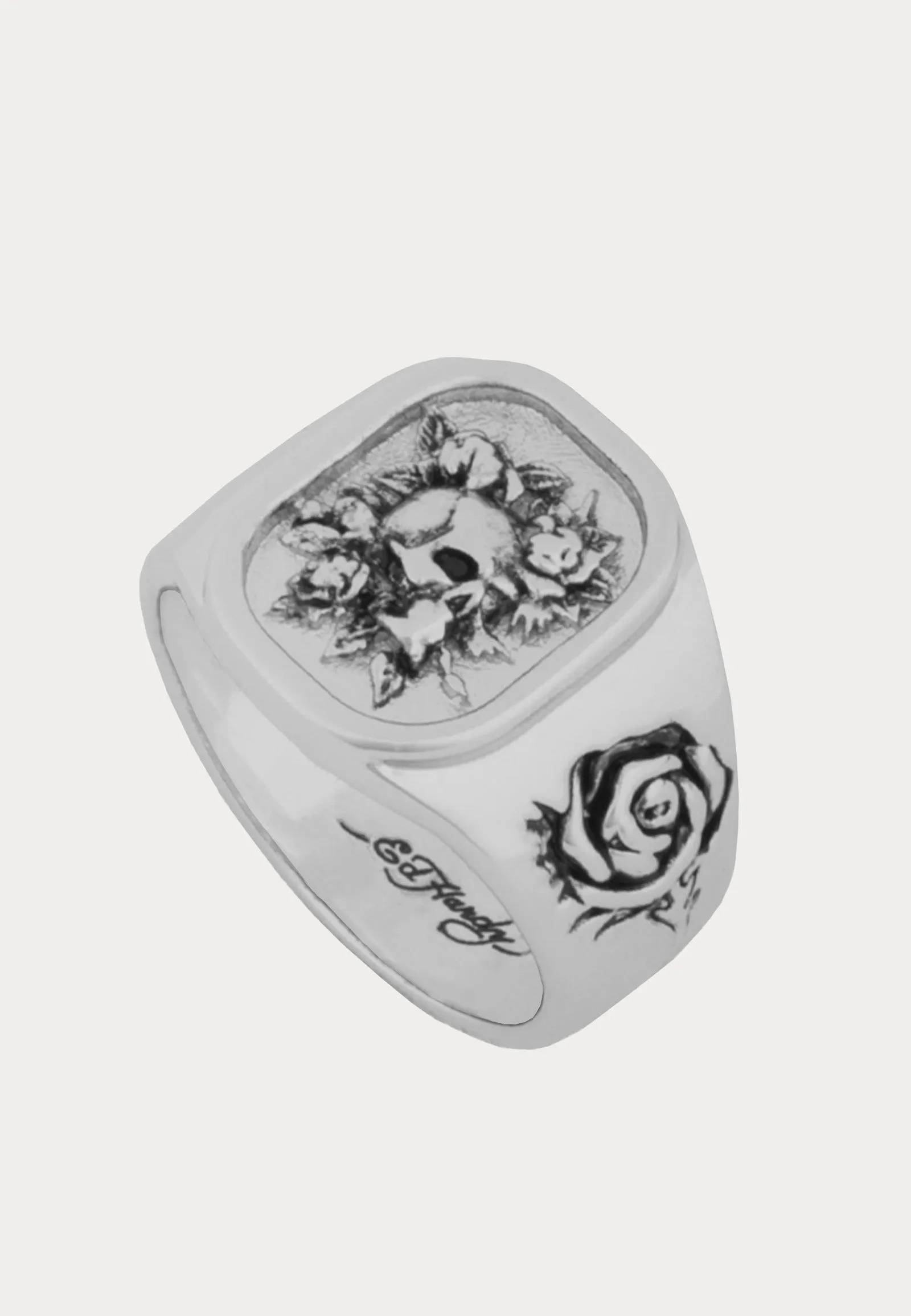 Skull & Rose Flower Embossed Lozenge Biker Ring - Silver