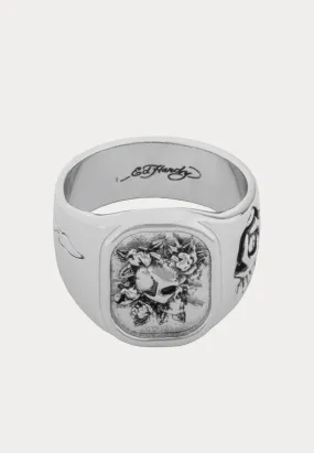 Skull & Rose Flower Embossed Lozenge Biker Ring - Silver