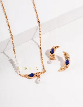 SMITA Lapis lapuli or moonstone moon shaped stud earrings and pendant necklace