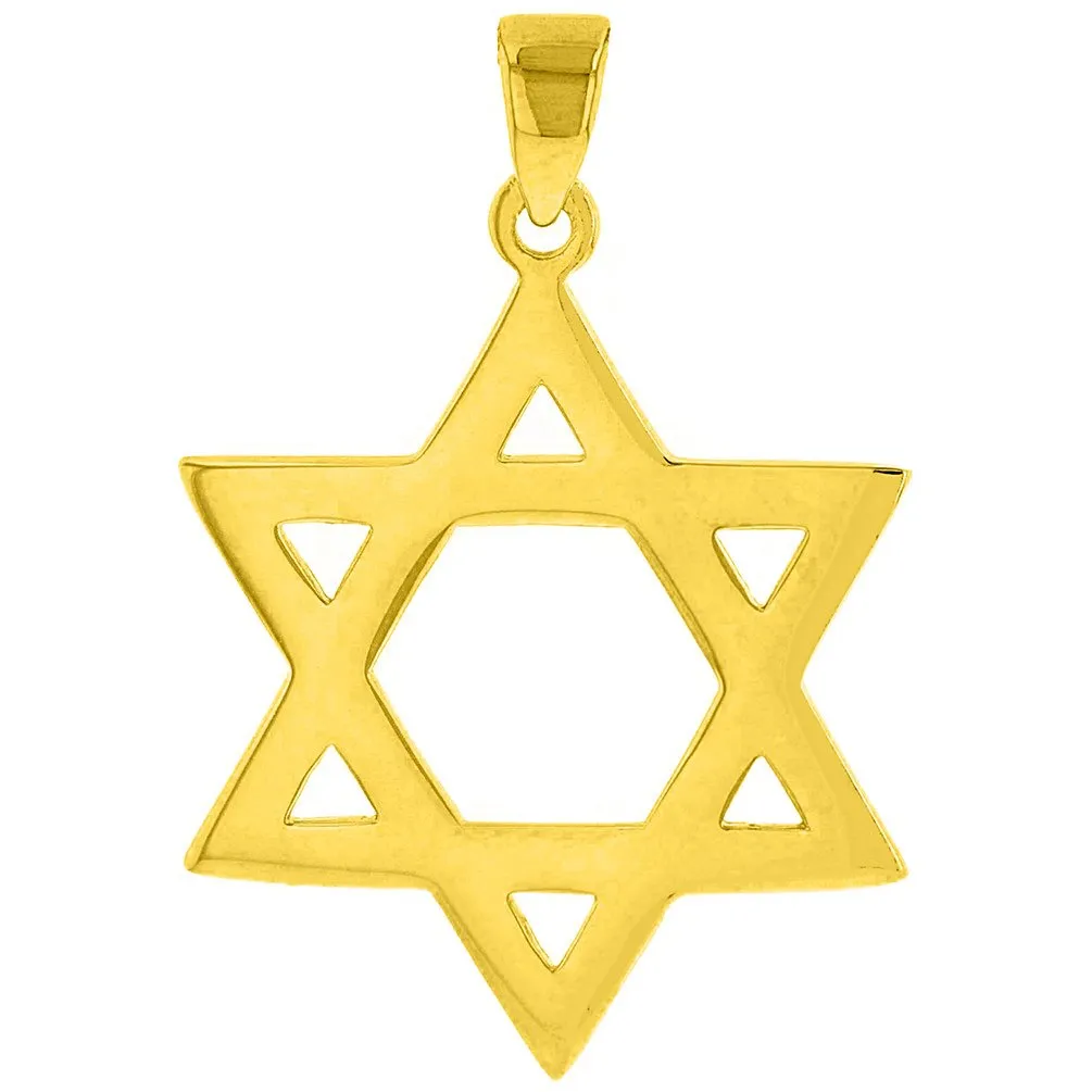 Solid 14K Gold Star Of David Hebrew Pendant with Figaro Necklace - Yellow Gold