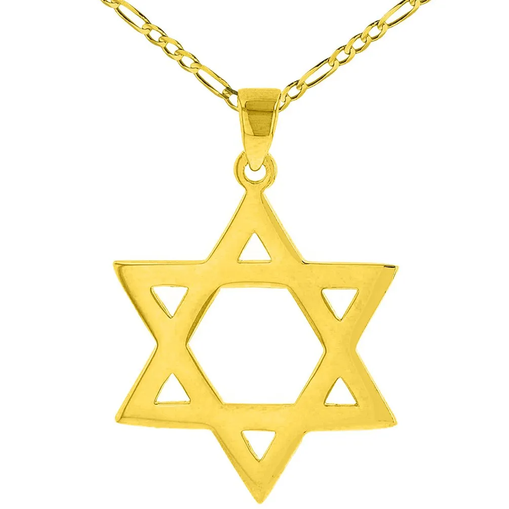 Solid 14K Gold Star Of David Hebrew Pendant with Figaro Necklace - Yellow Gold