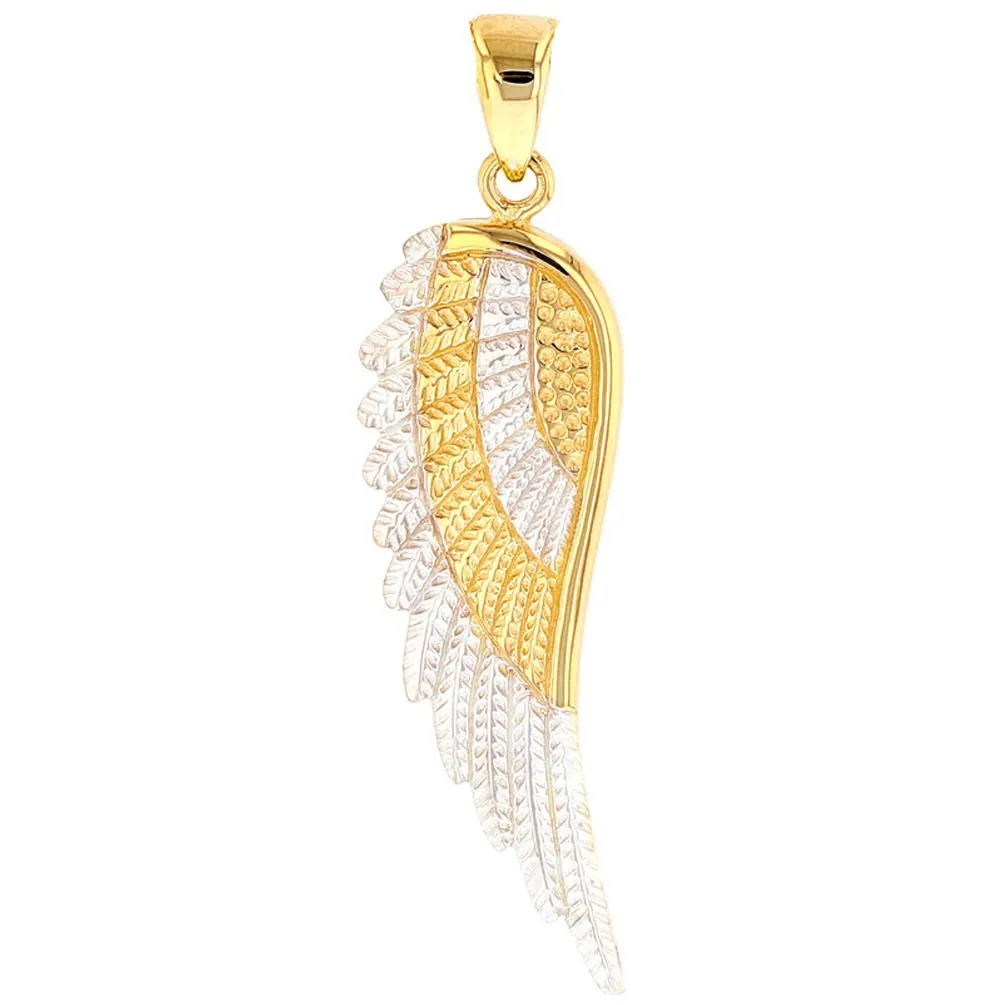 Solid 14k Gold Textured Angel Wing Charm Pendant Necklace - Yellow Gold